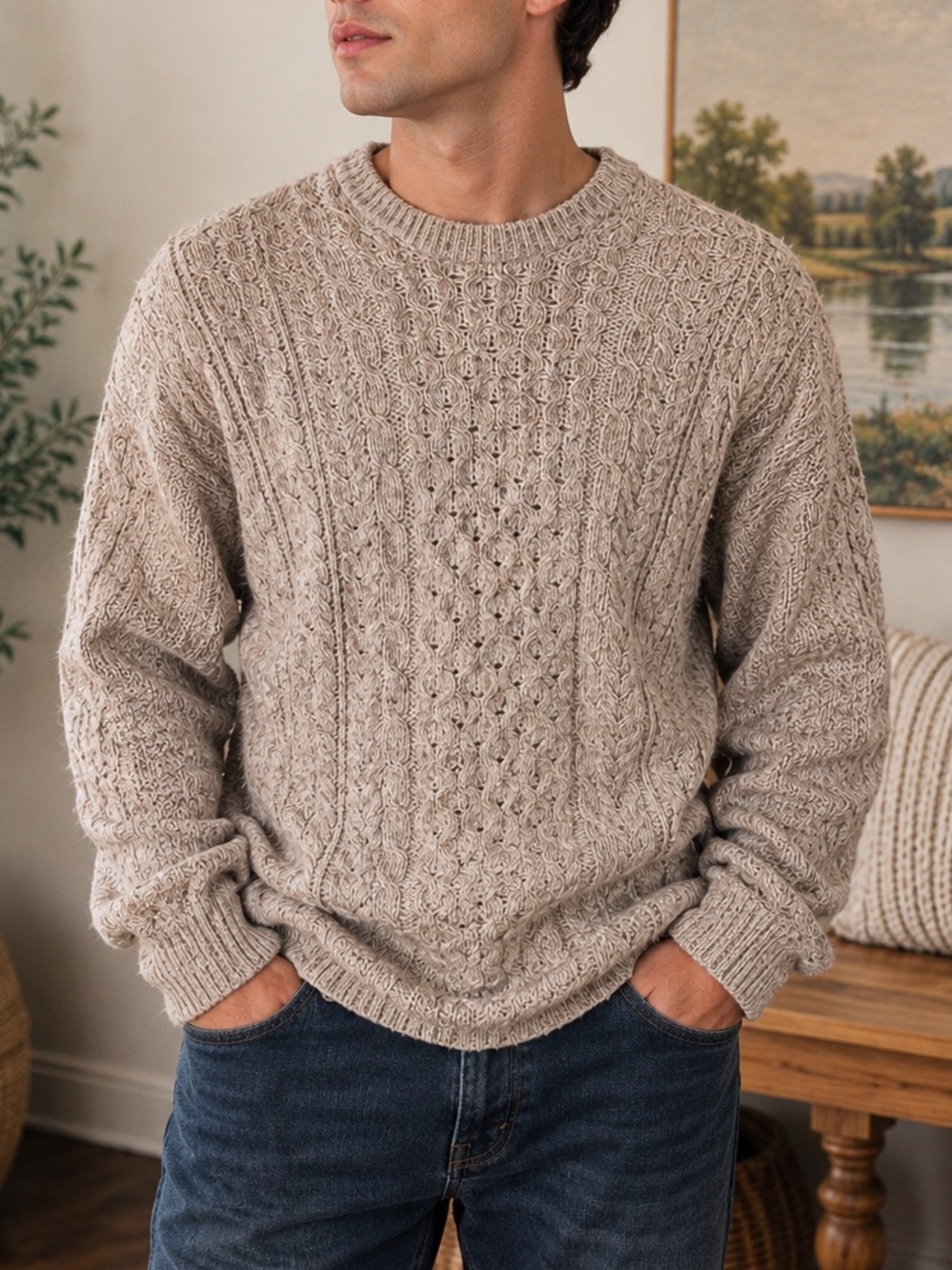 Carraig Donn Size L Ivory Flecked Cable Knit 100% Irish Wool Crew Neck Sweater